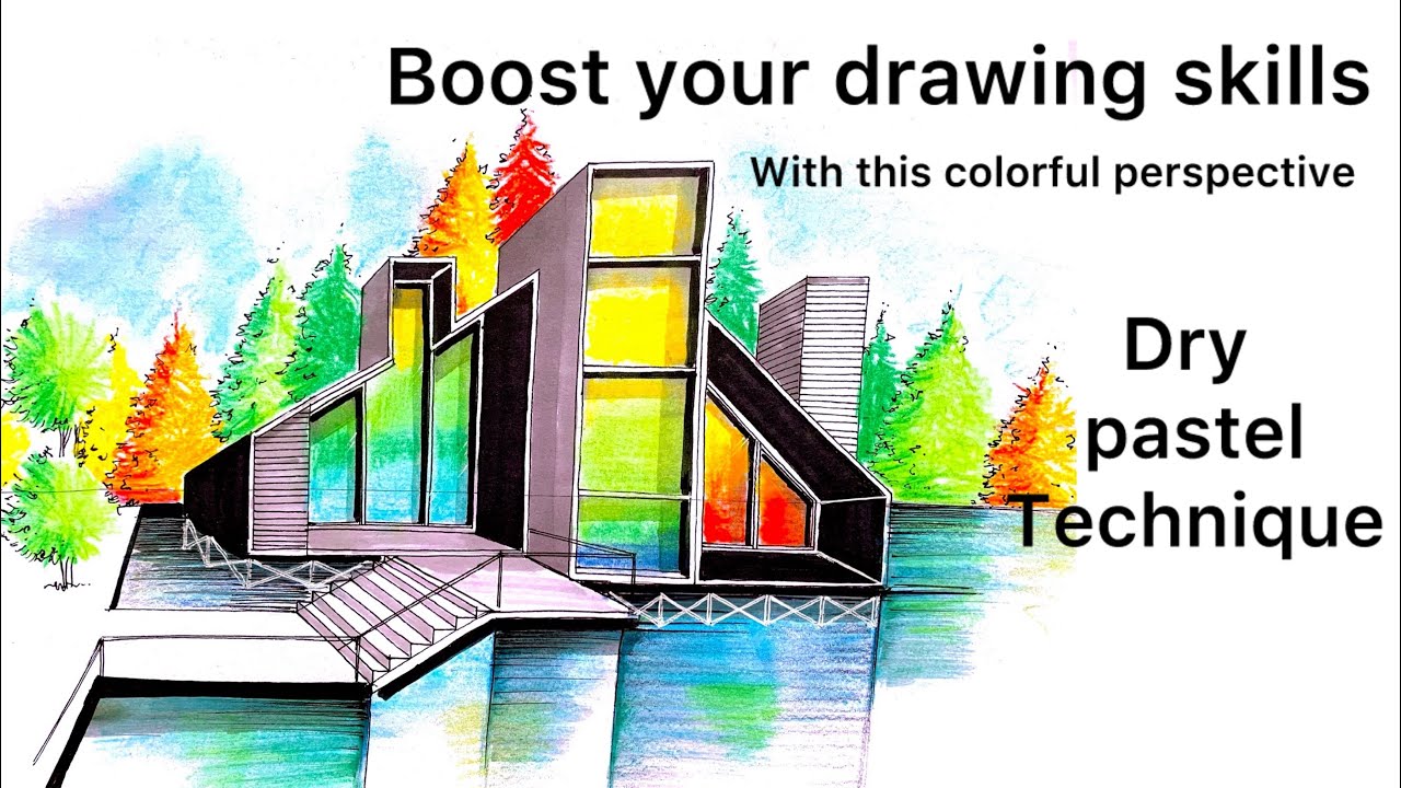 Boost your drawing skills : colorful one point perspective (dry pastel technique )💛💚🧡🩵