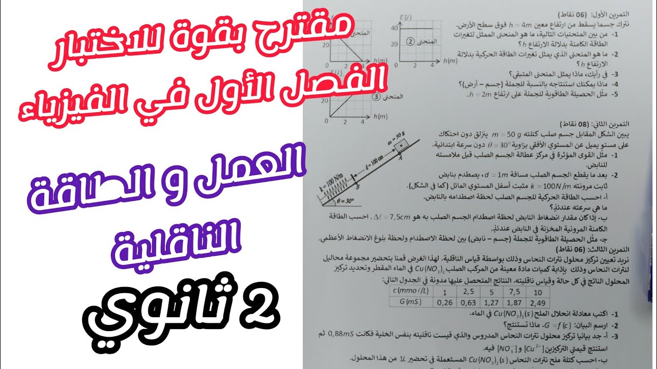 مقترح بقوة للاختبار الفصل الأول في الفيزياء (العمل و الطاقة+ الناقلية)|| للسنة 2 ثانوي 