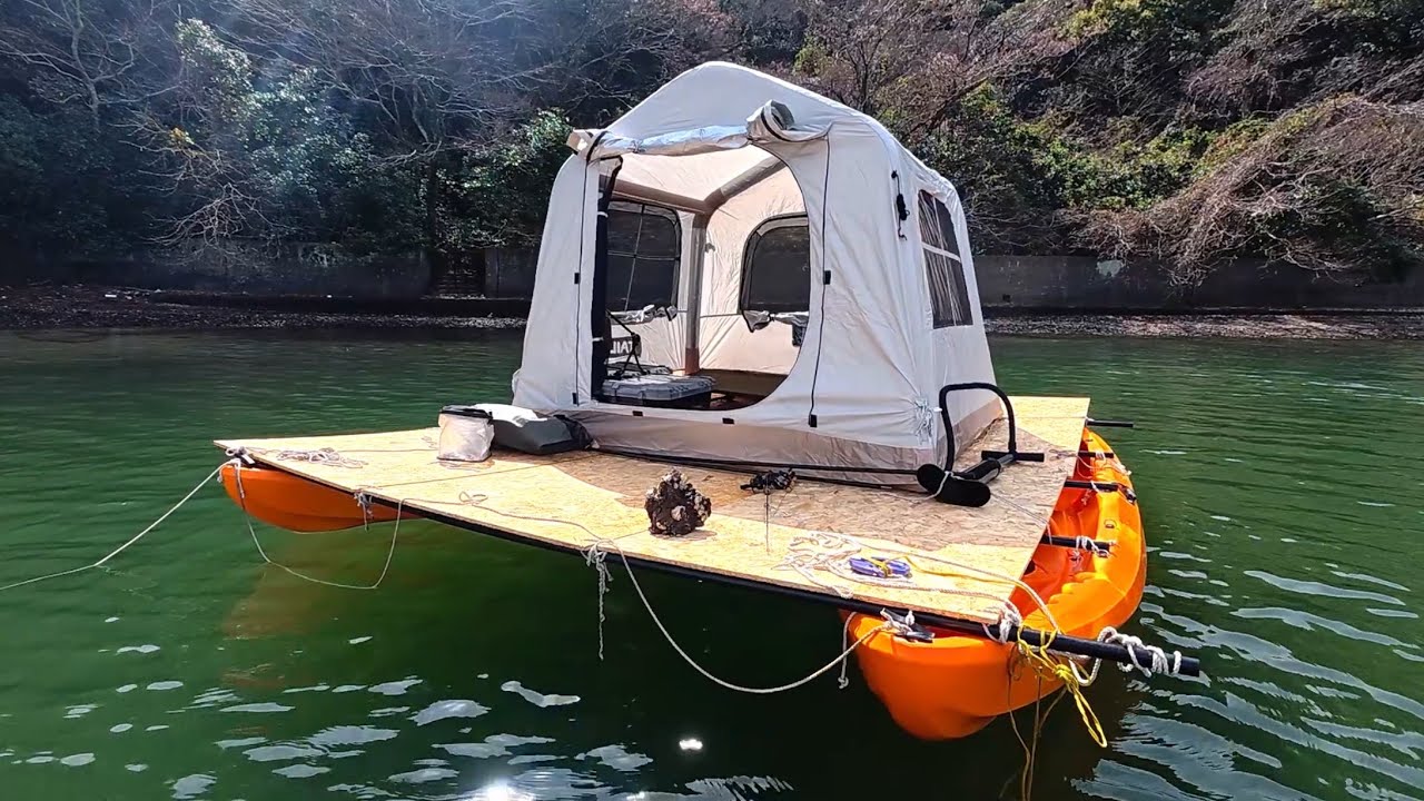 海上移動式の隠れ家を建てて釣りキャンプしてみたよ！【過去最大の手作り島編】
