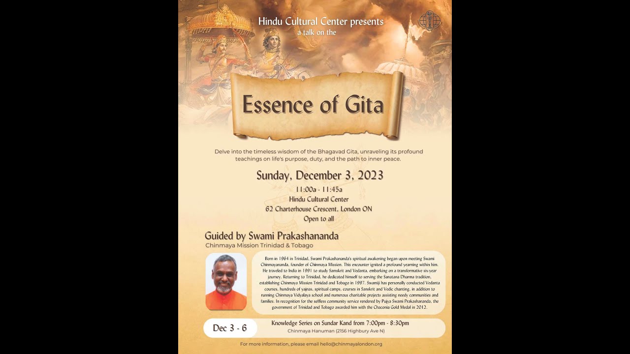 Essence of Gita by Swami Prakashananda Ji (CML trinidad) at HCC, London, ON, on December 3, 2023