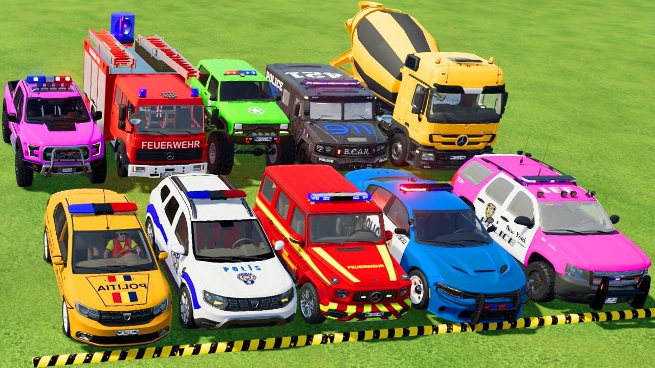 TRANSPORTING POLICE CARS, AMBULANCE, FIRE TRUCK, COLORFUL CARS WITH TRUCK -FARMING SIMULATOR 22!