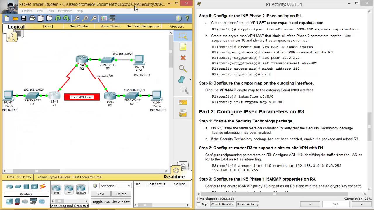 8.4.1.2 Packet Tracer - Configure and Verify a Site-to-Site IPsec VPN using CLI