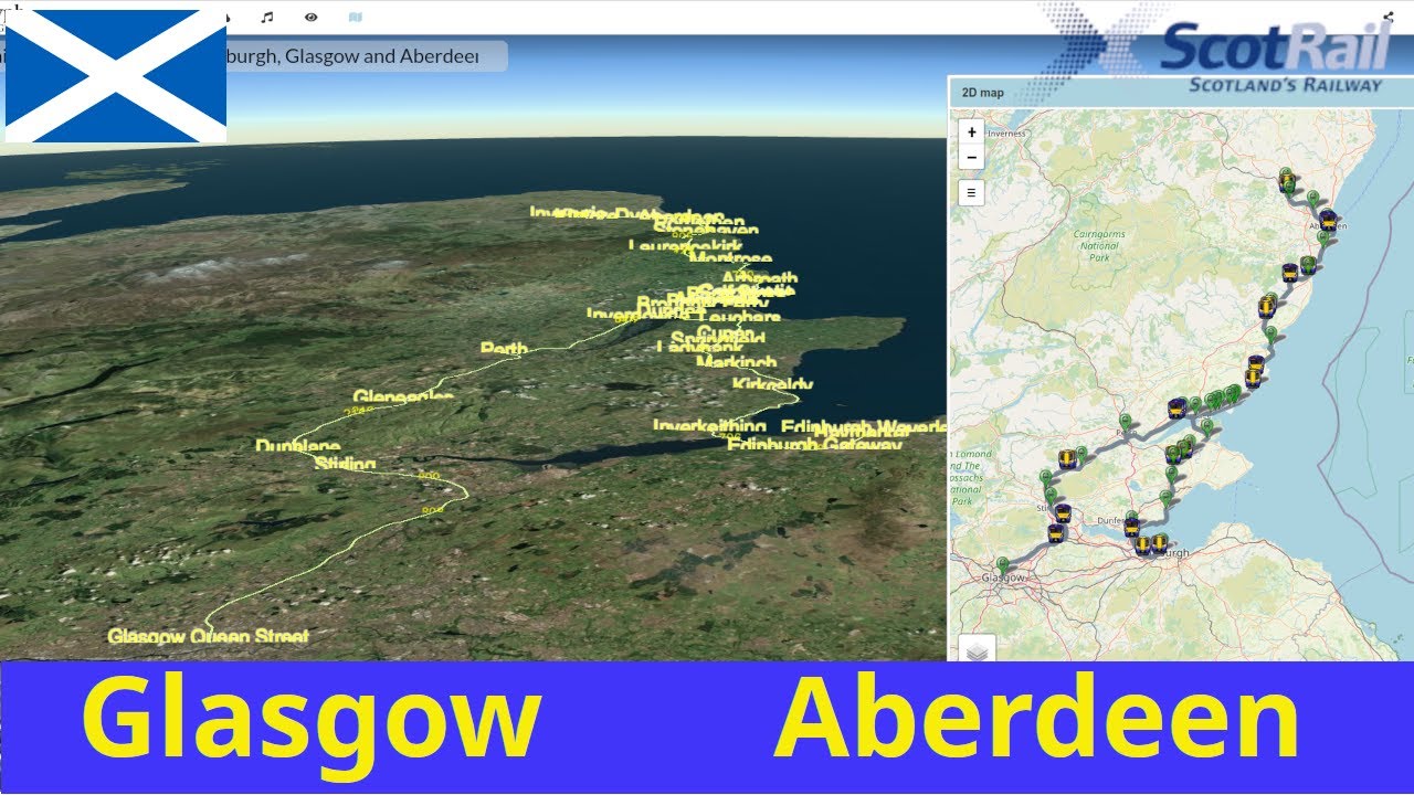 Simulate a ScotRail journey from Glasgow to Aberdeen with real maps and relaxing music.