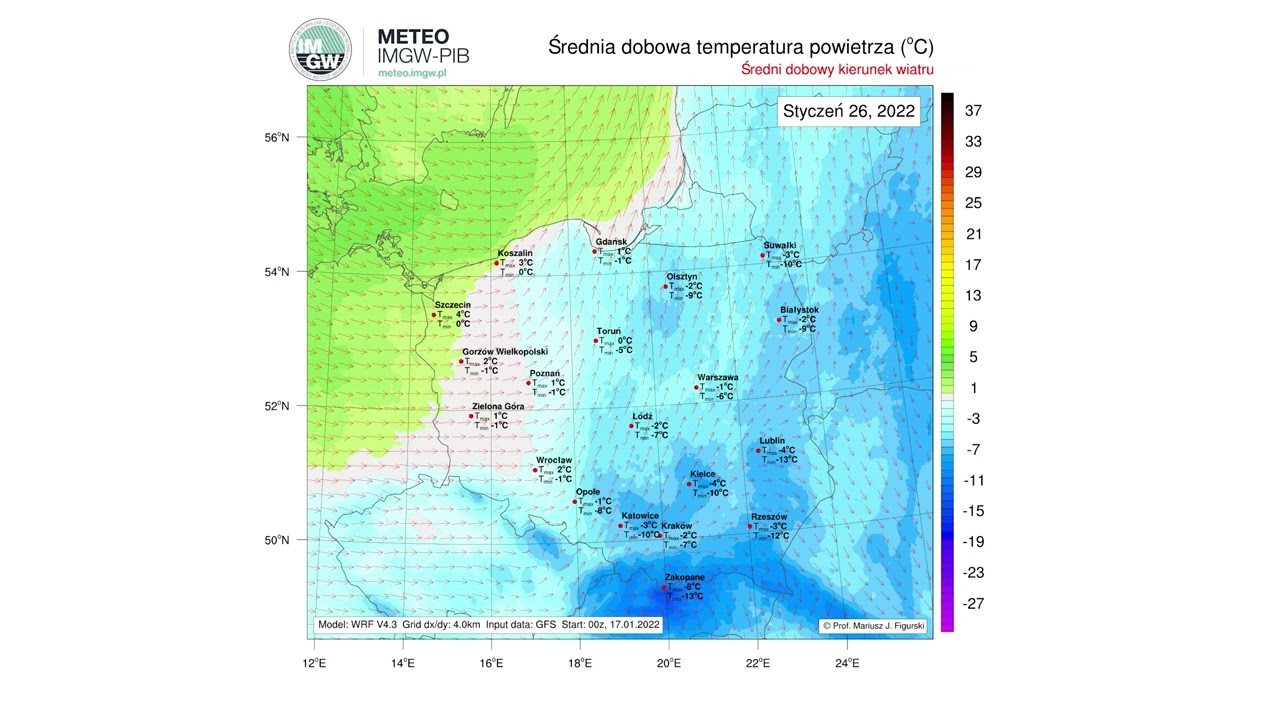 IMGW-PIB: Prognoza WRF-GFS Medium (max./śr./min. temp. na 2 m w &deg;C) od 18.01 do 1.02.2022 w Polsce