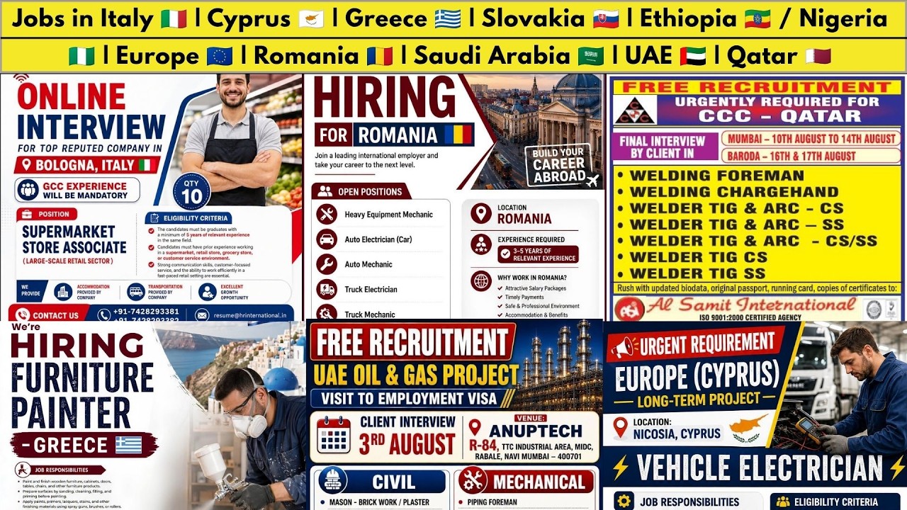 Jobs in Itly, Cyprus, Greece, Slovakia, Ethopia/Nigeria, Europe, Romania, Saudi, UAE, Qatar