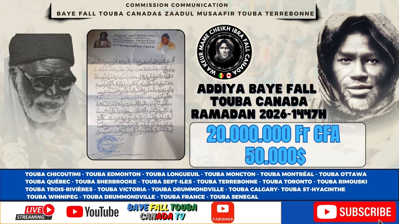 Addiya 2026 Wakeur Mame Cheikh Ibrahima Fall Touba Canada : 50 000 $ | 20 000 000 FCFA 