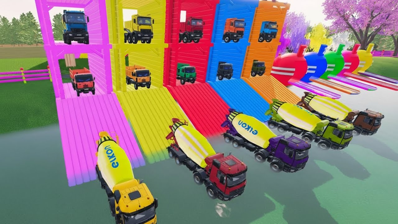 Garage with Colors - ALL MIXER TRUCK WITH DOUBLE FLATBED TRAILER TRUCK, PHOENIX, TATRA, MAN - FS22