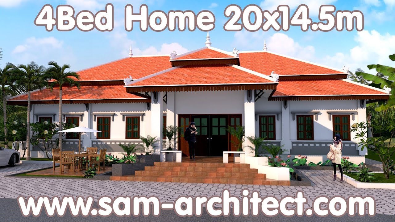 One Story House 20x14.5m With 4 Bedrooms Samphoas 12 SketchUp Modeling