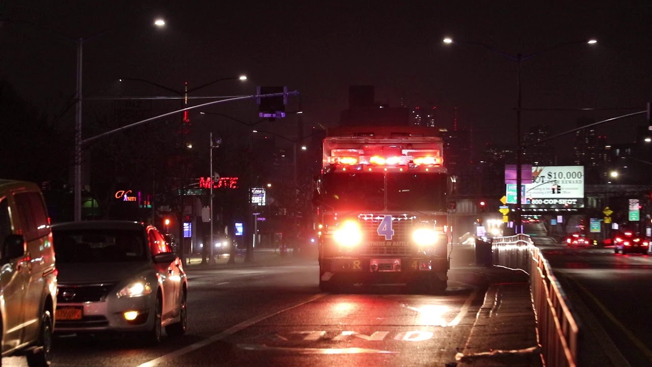 FDNY Rescue 4 uses HEAVY Q Siren and HEAVY Air horn to respond to a house fire. ALL HANDS Fire