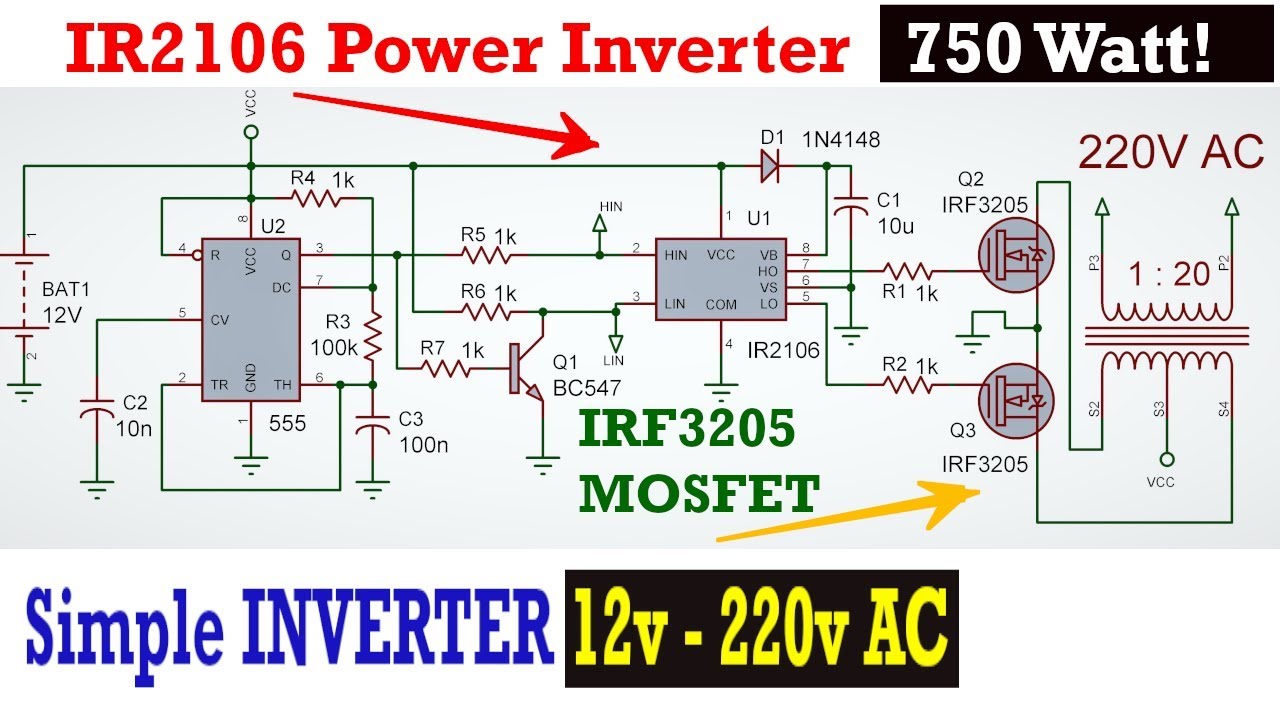 IR2106 Power INVERTER Simple Circuit 12v - 220v 750Watt
