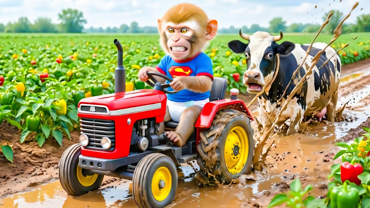 Monkey Farmer Drives a Tractor to Harvest Bell Peppers and Save a Milk Cow Stuck in Deep Mud!