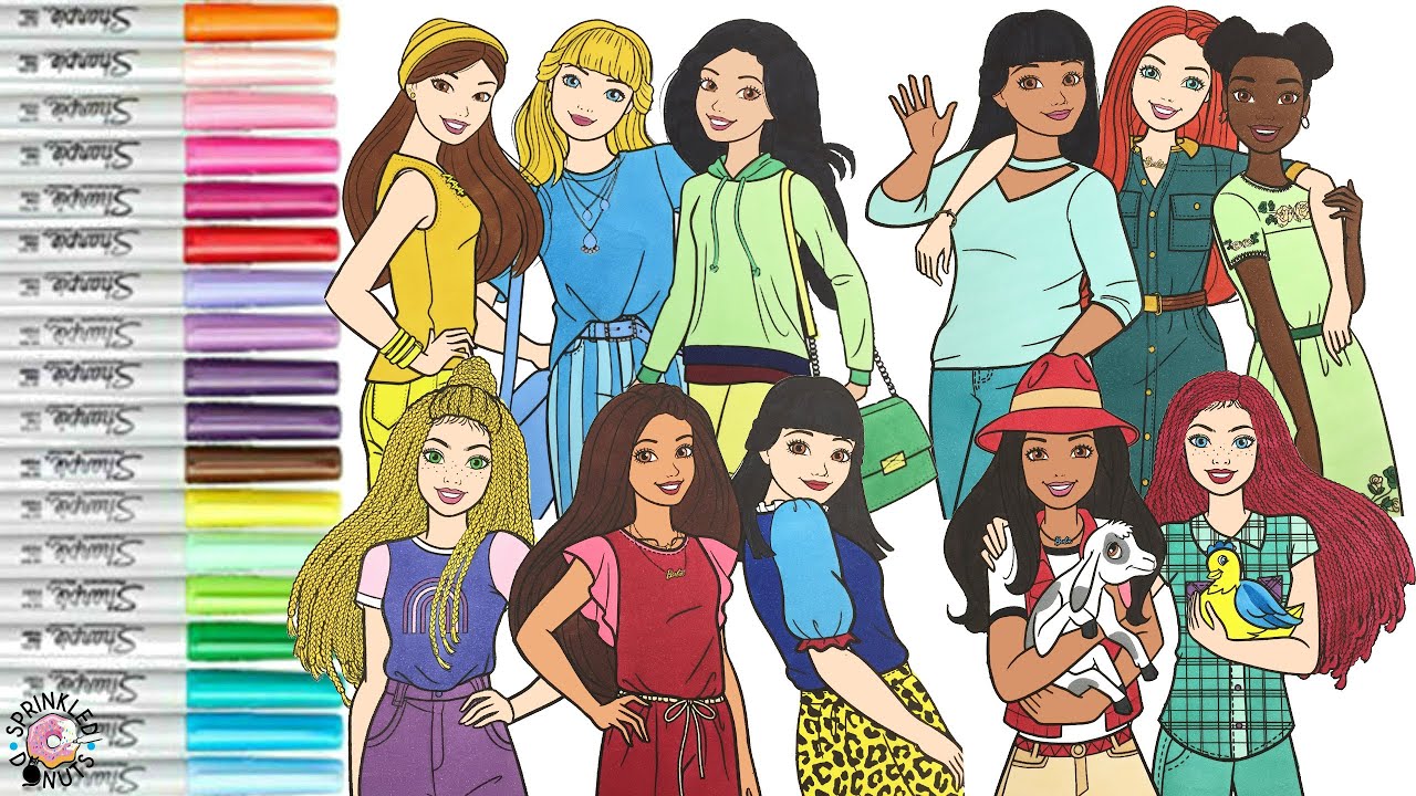 Barbie and Friends Makeover as Disney Princess Coloring Compilation Ariel Moana Tiana Mulan Jasmine