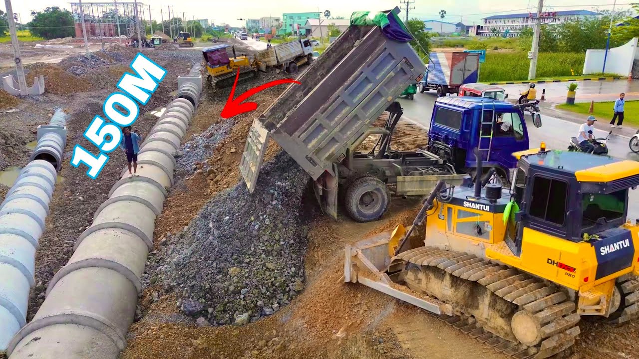 Full Process Filling Rock On Concrete Drainage Pipes Using KOMATSU D31P & SHANTUI DH17c3 Bulldozer