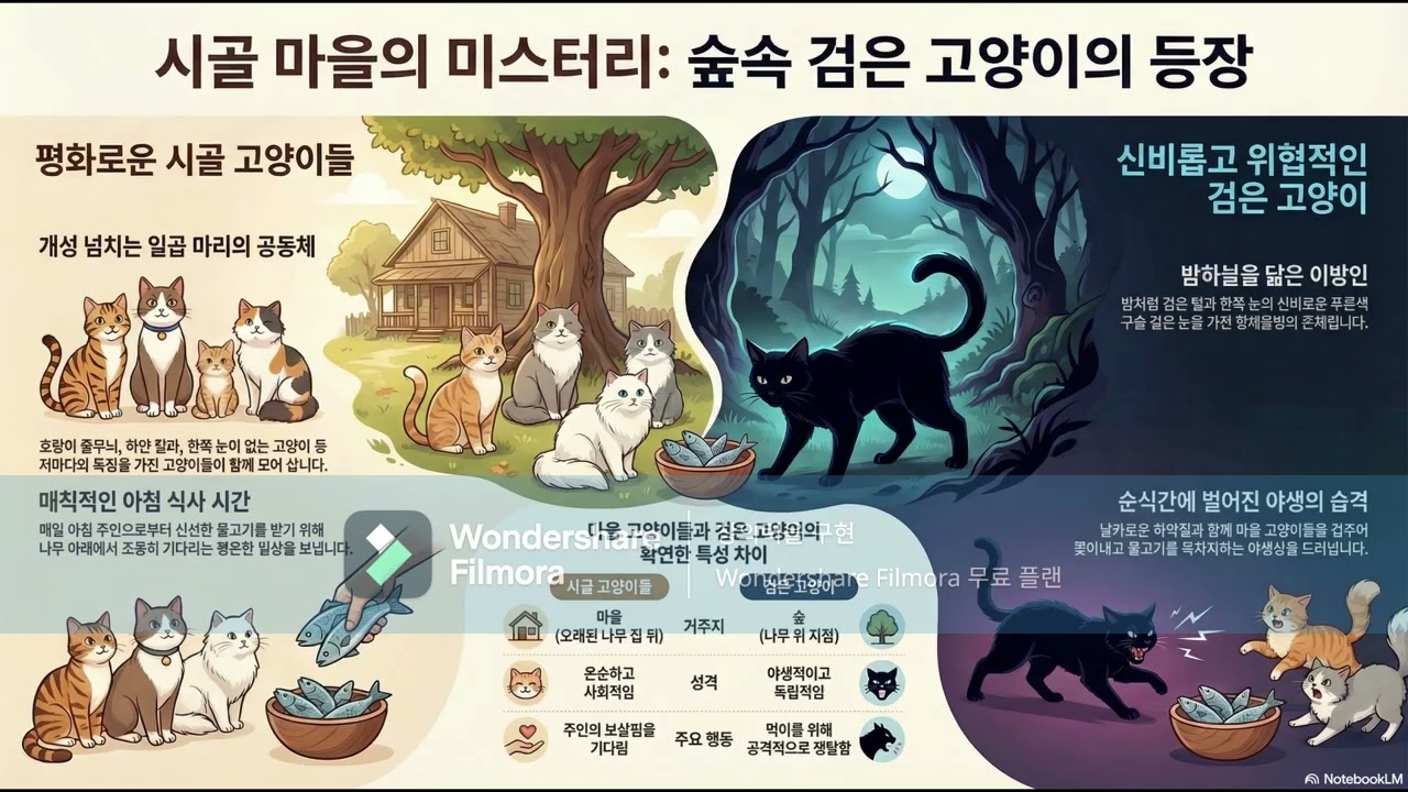 검은 고양이가 먹이를 뺏을 때 다른 고양이들은 어떻게 반응했나요?