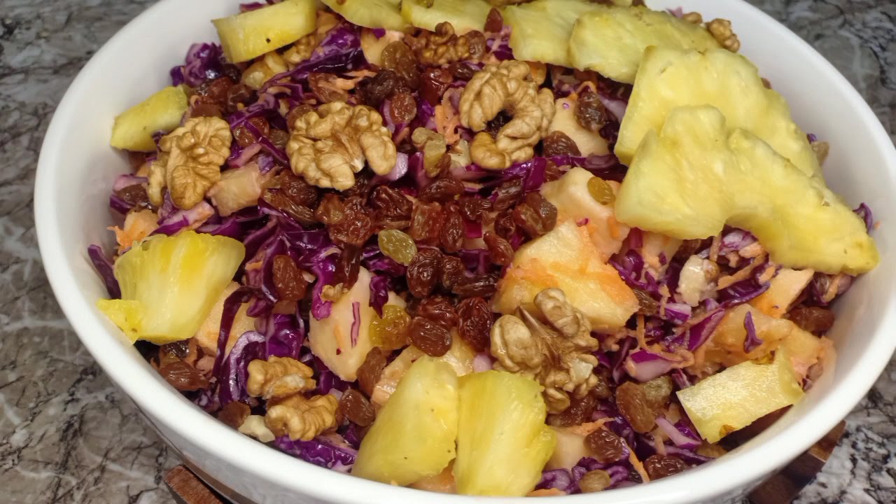salade choux rouge noix/ananasسلطة منعشة بالكرومب و الاناناس والكركاع صحية ولذيذة