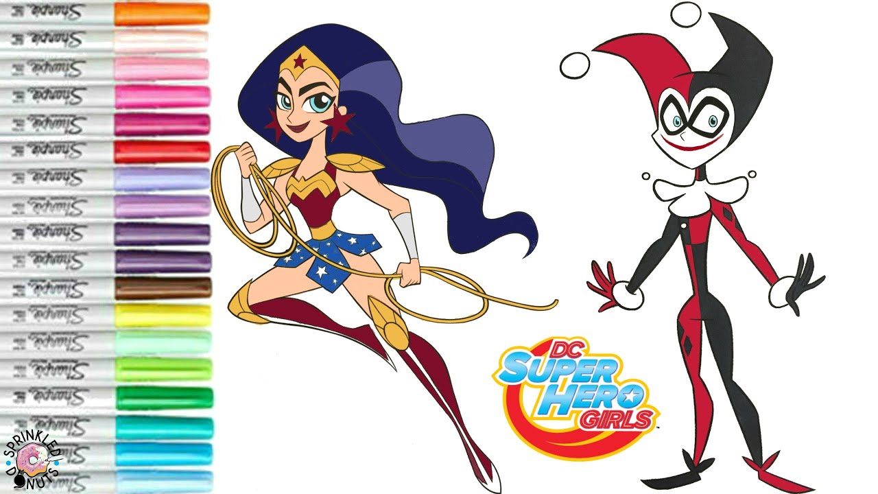 DC Super Hero Girls Coloring Book Page Wonder Woman and Harley Quinn | Sprinkled Donuts