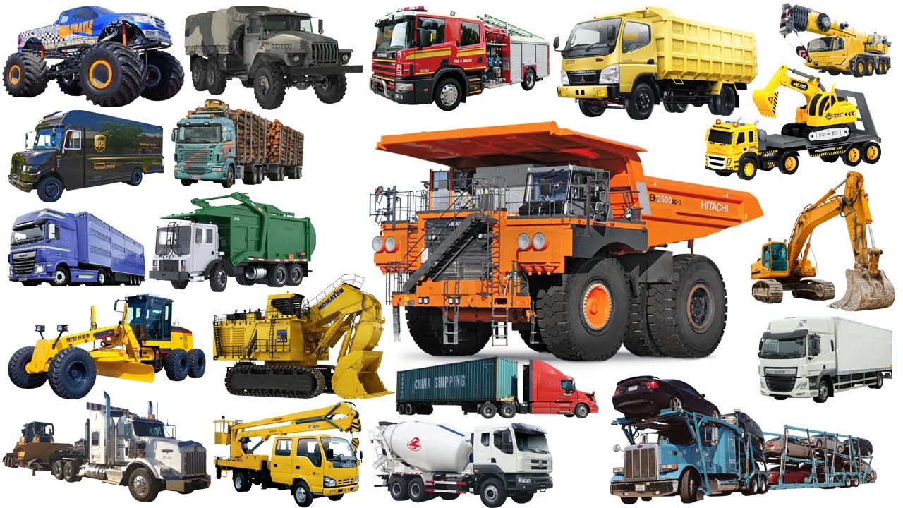 TRUCKS Vehicle Name | Dump truck, Fire truck, Tractor, Crane, Mixer truck | Vehicle name sounds