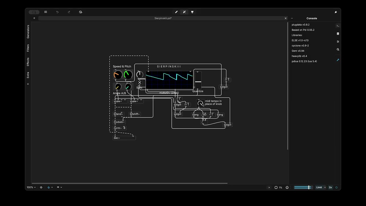 sierpinskiii.pd - a Plugdata abstraction of a classic Bytebeat [VOLUME WARNING]