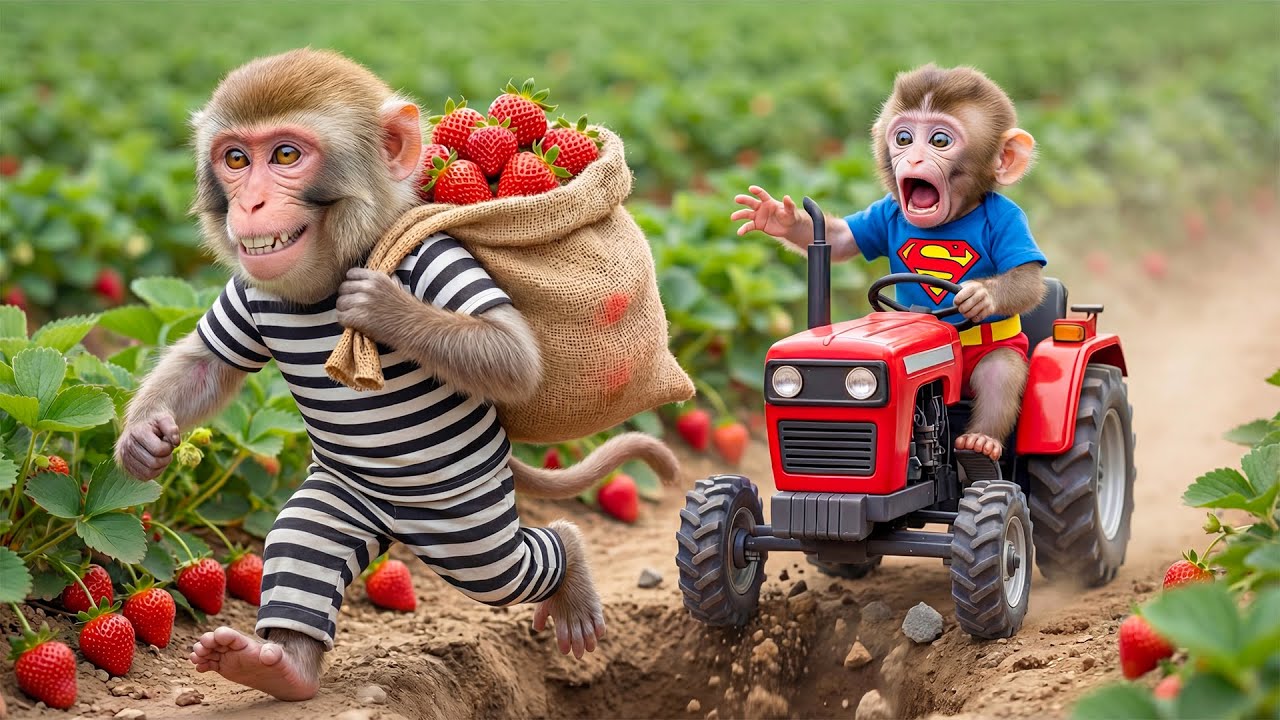 Monkey Funky Protects His Strawberry Farm From a Thief — His Clever Plan Solves the Problem 🍓🐒