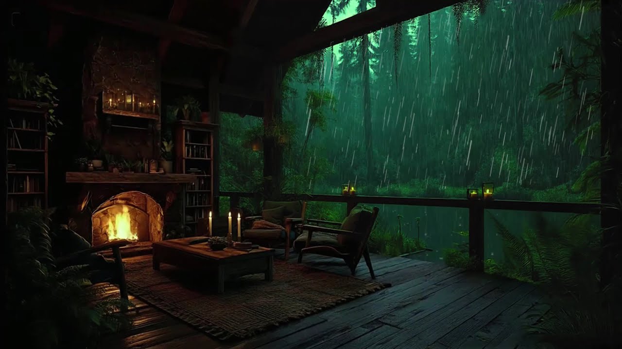Soothe Your Mind & Body with Rain & Fire Place In Cozy Wooden Cabin 🛖  Relaxation with Gentle Rain