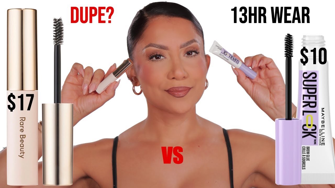 DUPE? MAYBELLINE SUPER LOCK VS RARE BEAUTY BROW HARMONY EYEBROW GLUE + 13HR WEAR *oily skin* | MJ