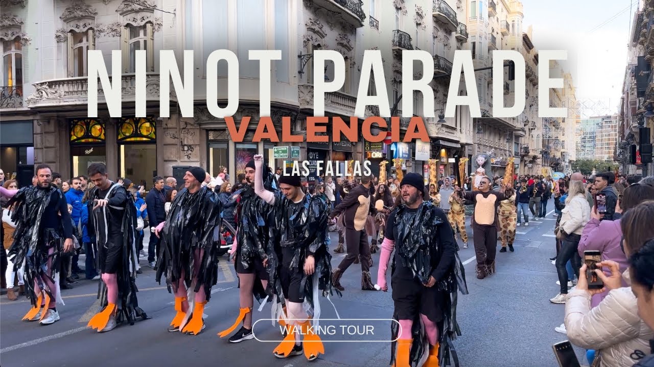 Las Fallas Ninot Parade (Cabalgata del Ninot) in Valenica City Center, Spain Walking Tour 4K