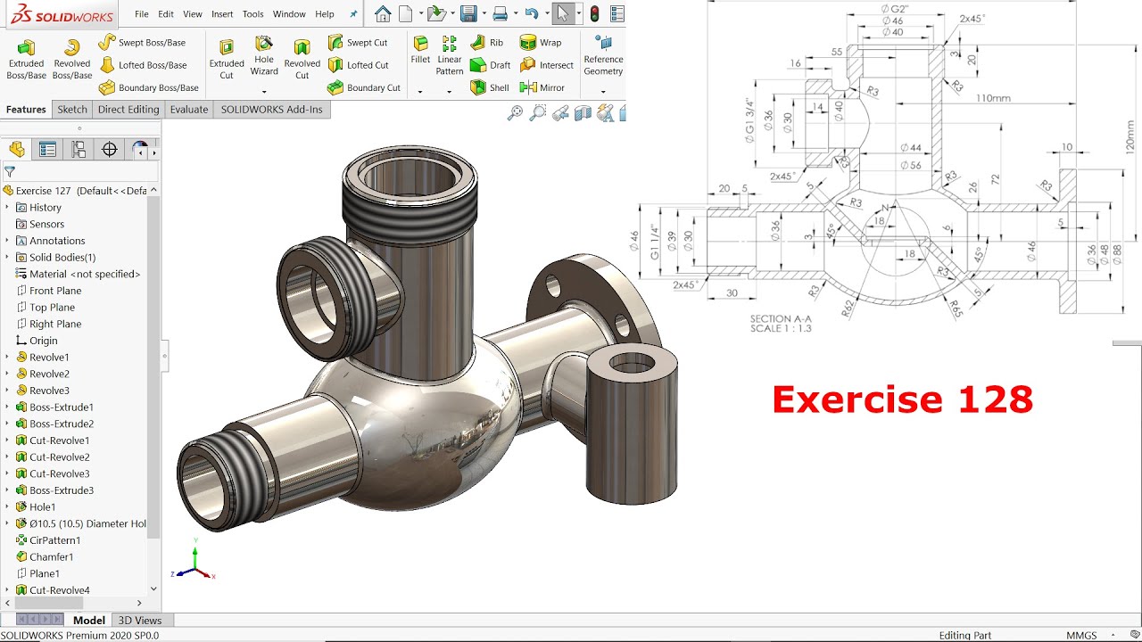 SolidWorks Exercise 128-Flanged Valve Body
