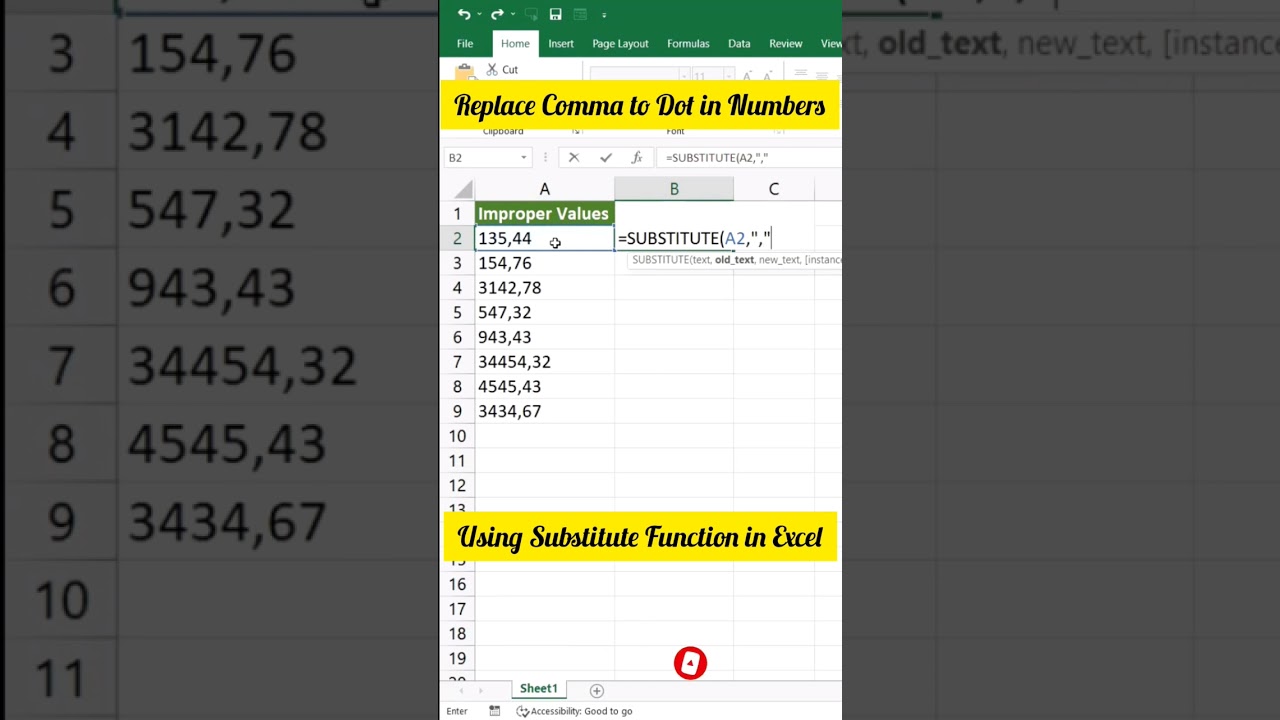 How to Replace Comma to Dot in Numbers using Substitute Function in Excel #shorts #Excel #shortvideo