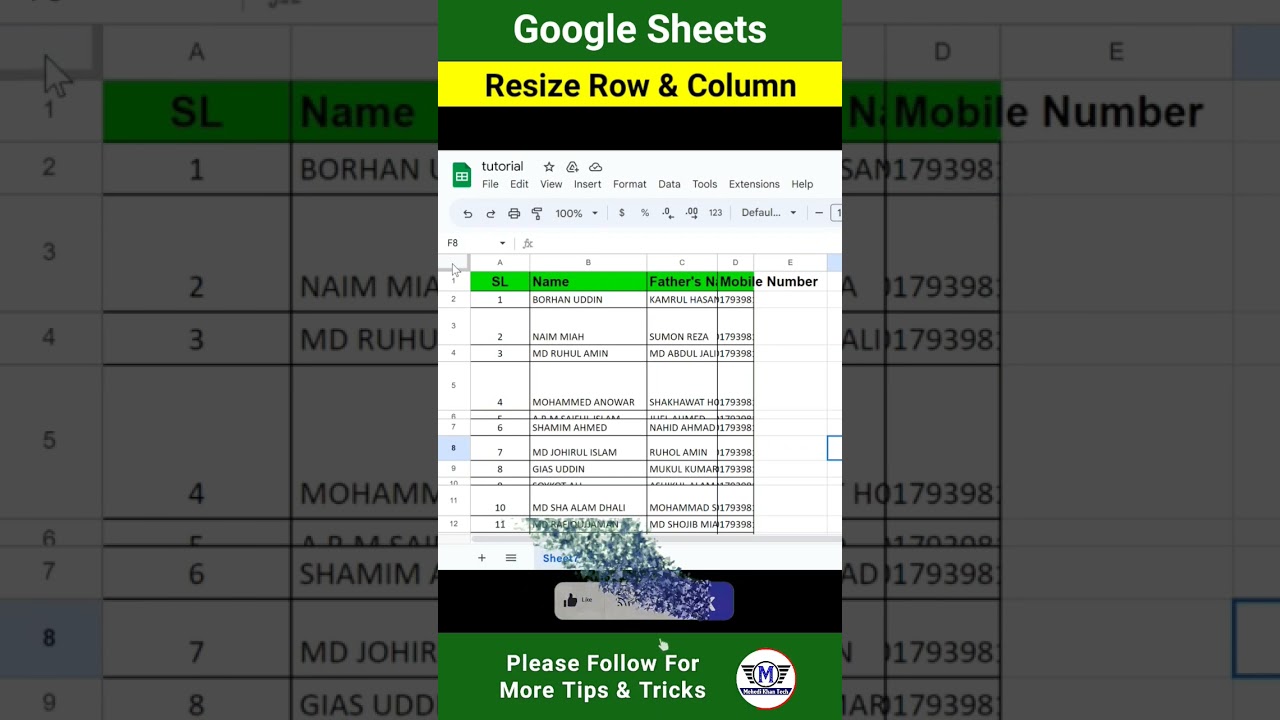 Resize Row & Column in Google Sheets #googlesheets #sheets #excel #reels #google