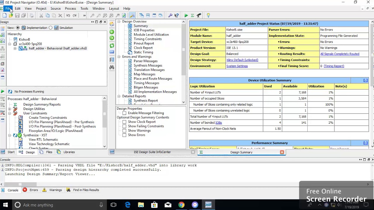 Basic VHDL code simulation and loading through digilent adept on Spartan 3