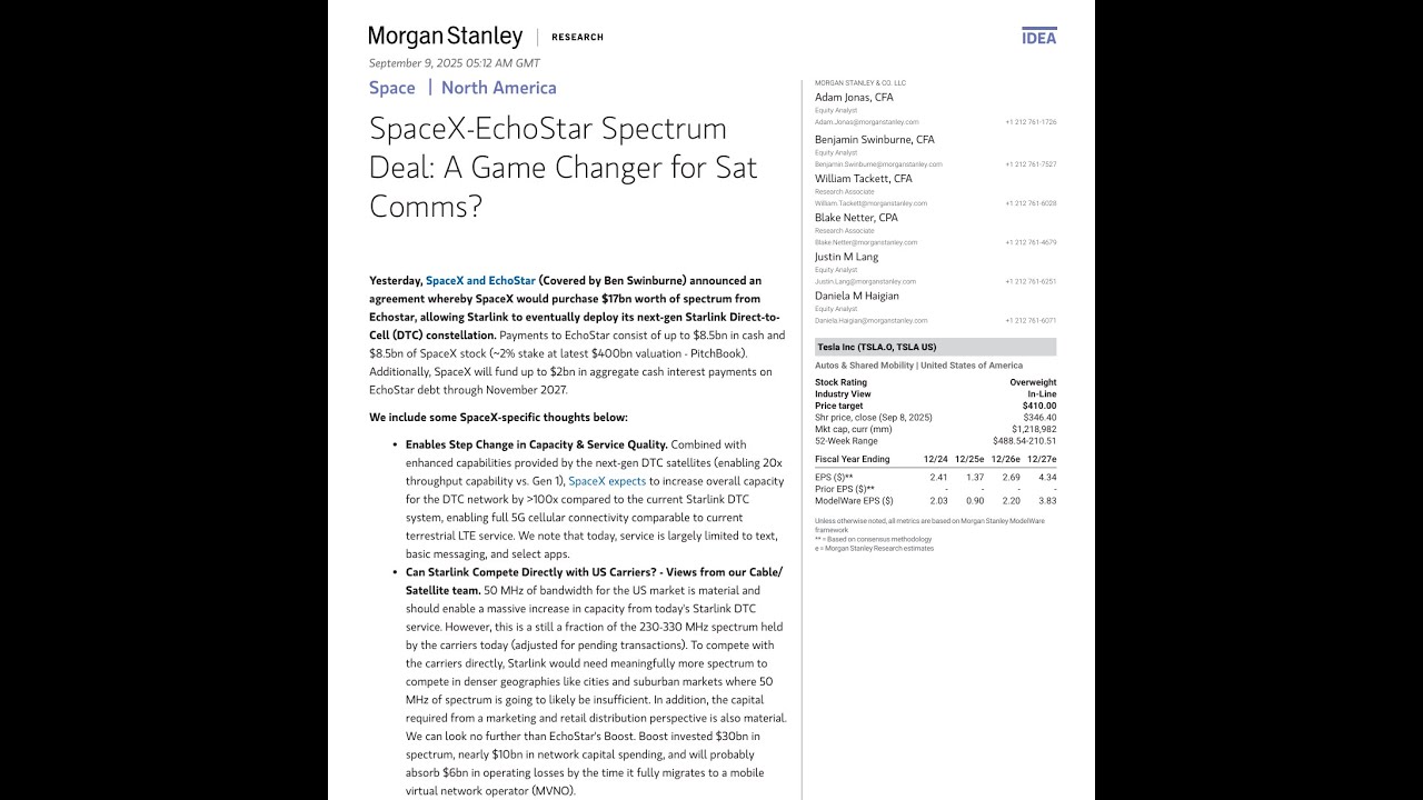 SpaceX Spectrum Deal Reshapes Market！ Morgan Stanley on SpaceX&rsquo;s Spectrum Acquisition