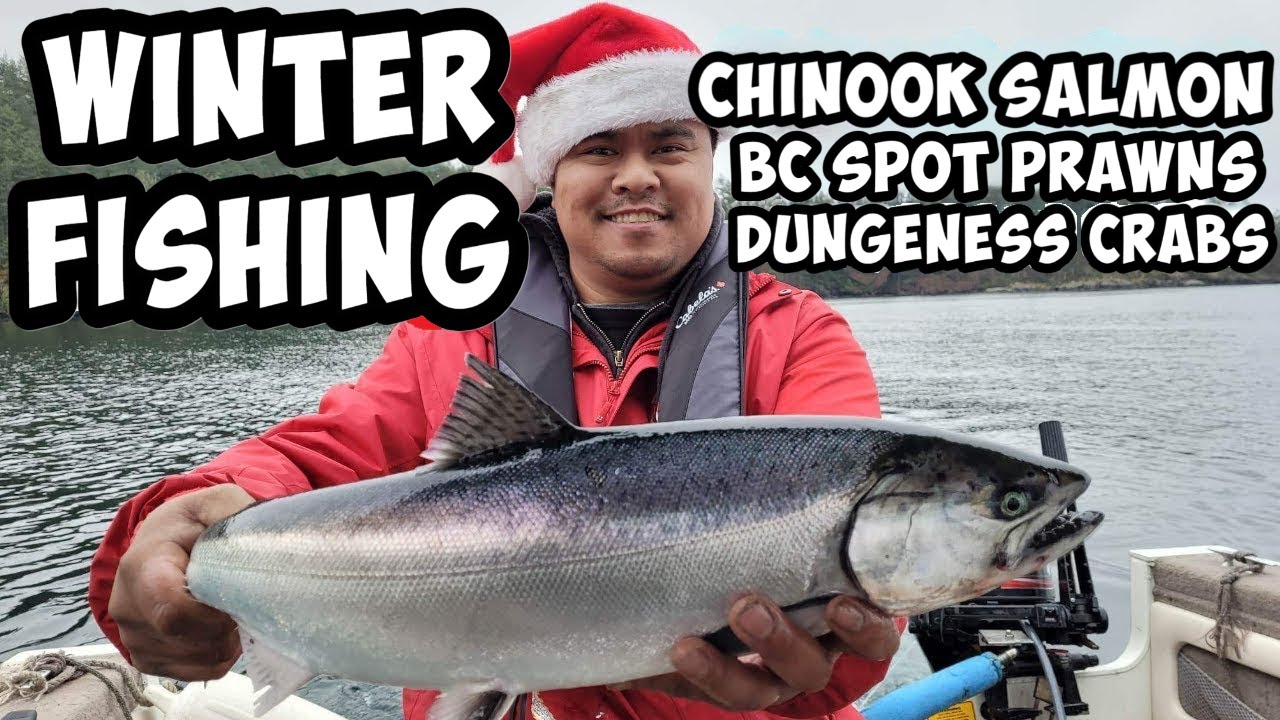 Winter salmon fishing, prawning and crabbing in Vancouver BC. Santa hats were lucky!