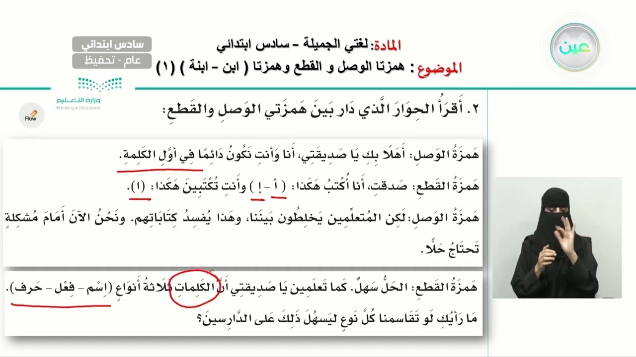 همزتا الوصل والقطع وهمزتا (ابن - ابنة ) (1) - اللغة العربية - سادس ابتدائي