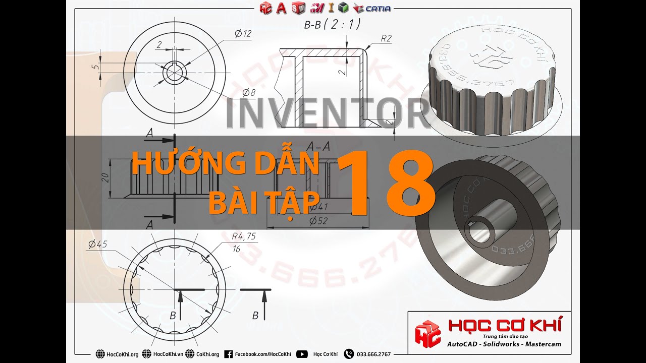 [hoccokhi] Hướng dẫn vẽ bài tập số 18 | Bài tập Inventor