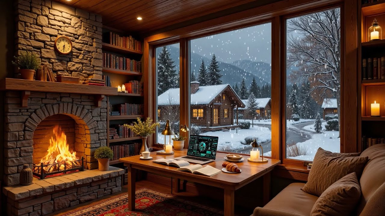 Beautiful Winter Coffee Shop ❄️Gentle Piano & Cozy Fireplace Sounds for Deep Focus and Calm