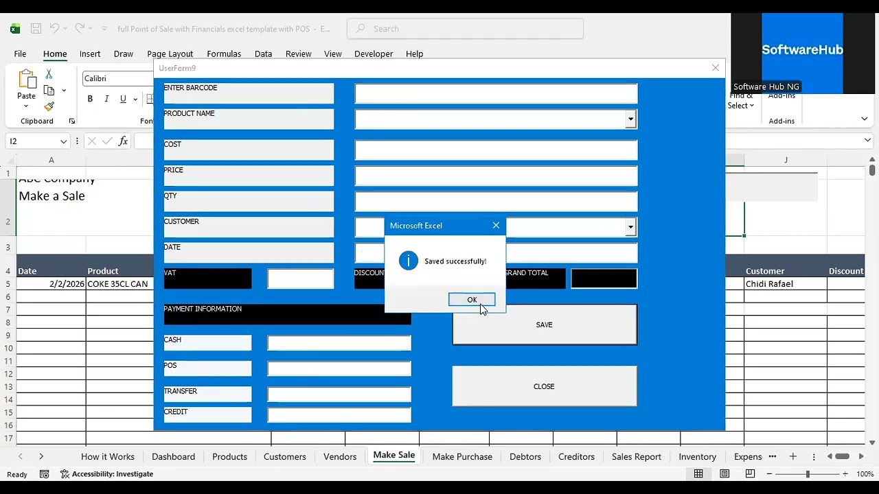Full Point of Sale Excel Template with Barcode, VAT, Discounts, Inventory, Profit & Loss Analysis
