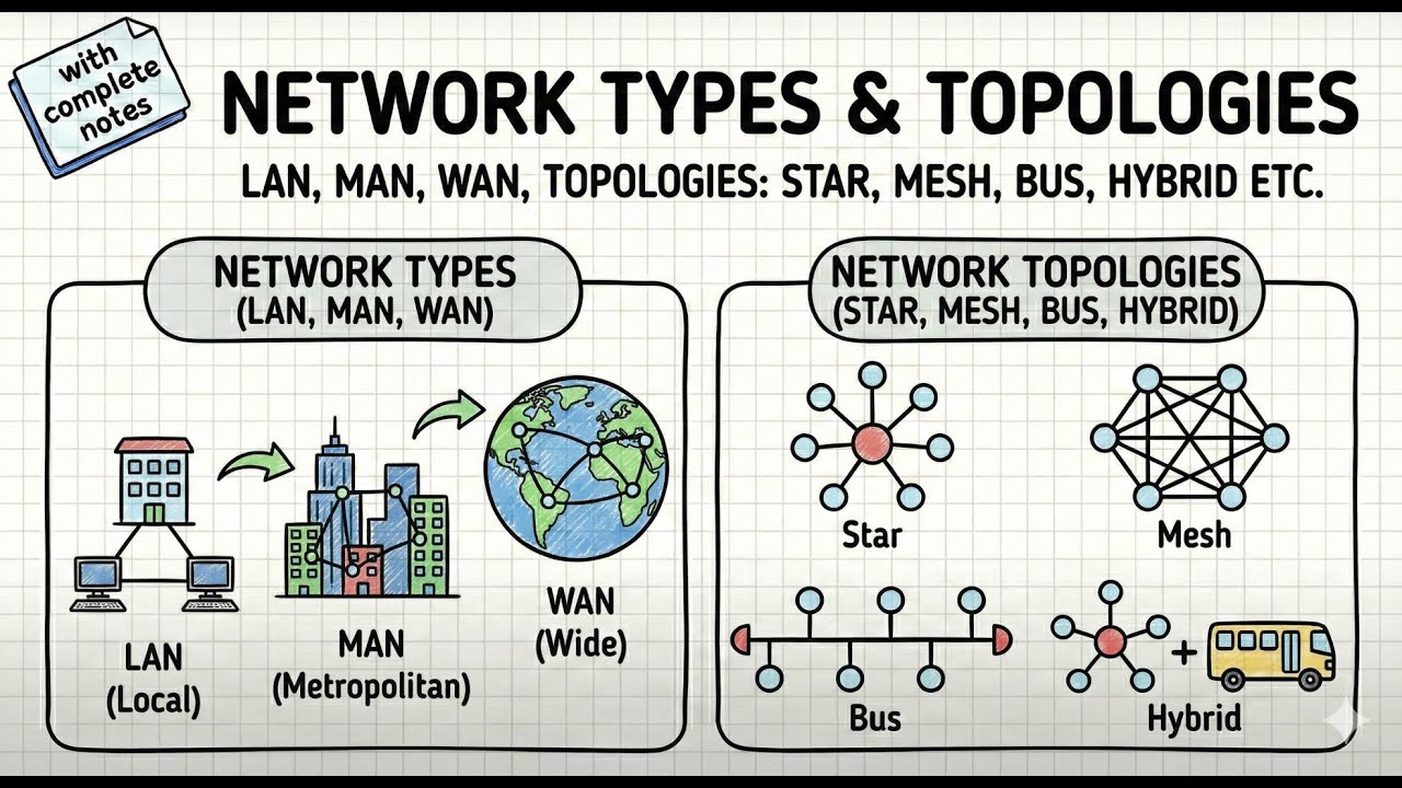 Network Types & Topologies : LAN, MAN, WAN, Topologies- star, mesh, bus, hybrid etc.