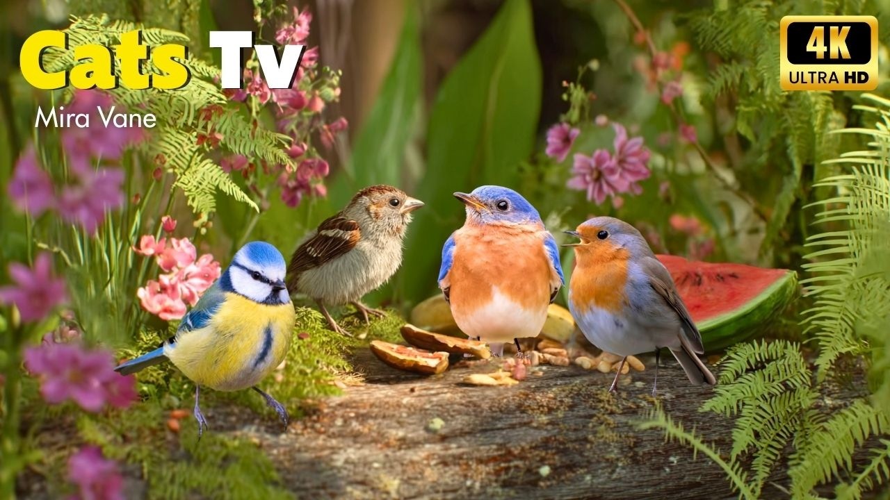Cat TV 🐦 Birds Sharing Watermelon & Banana | A Sweet Treat for Your Kitty’s Eyes and Heart 🍉🍌