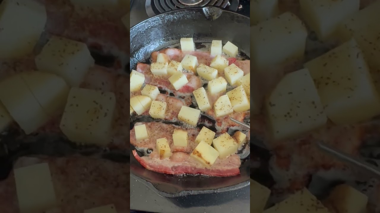 Bacon, potatoes, cast iron sizzle—the start of a killer breakfast sandwich. Let’s get after it.