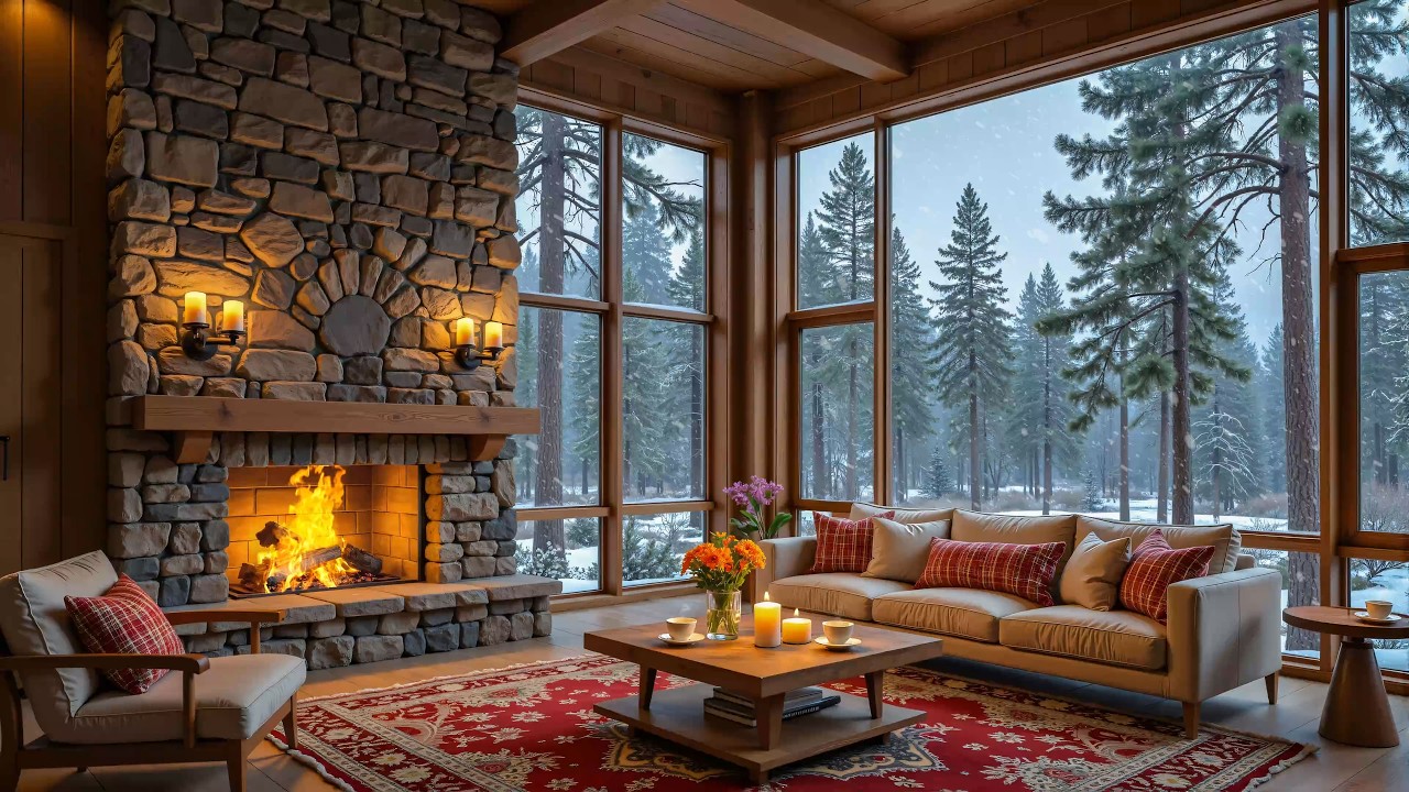 Peaceful Winter Porch Ambience ❄️Crackling Fireplace, Calm Piano Music & Snowfall for Focus