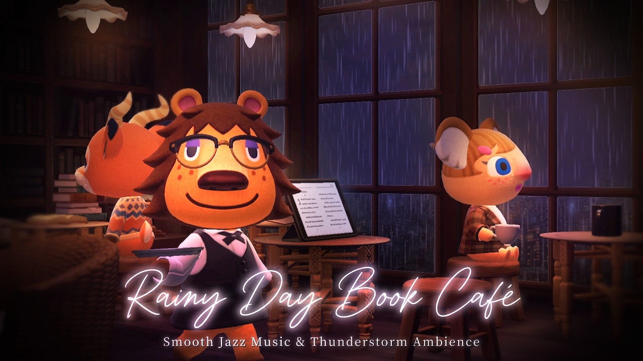 【あつ森BGM】雨やどりのブックカフェ⛈️雷雨の夜に、コーヒーと本とお洒落なゆったりジャズでリラックス📚☕雨音 / 雷鳴 / カフェアンビエント / Chill Music / 2Hour🎧