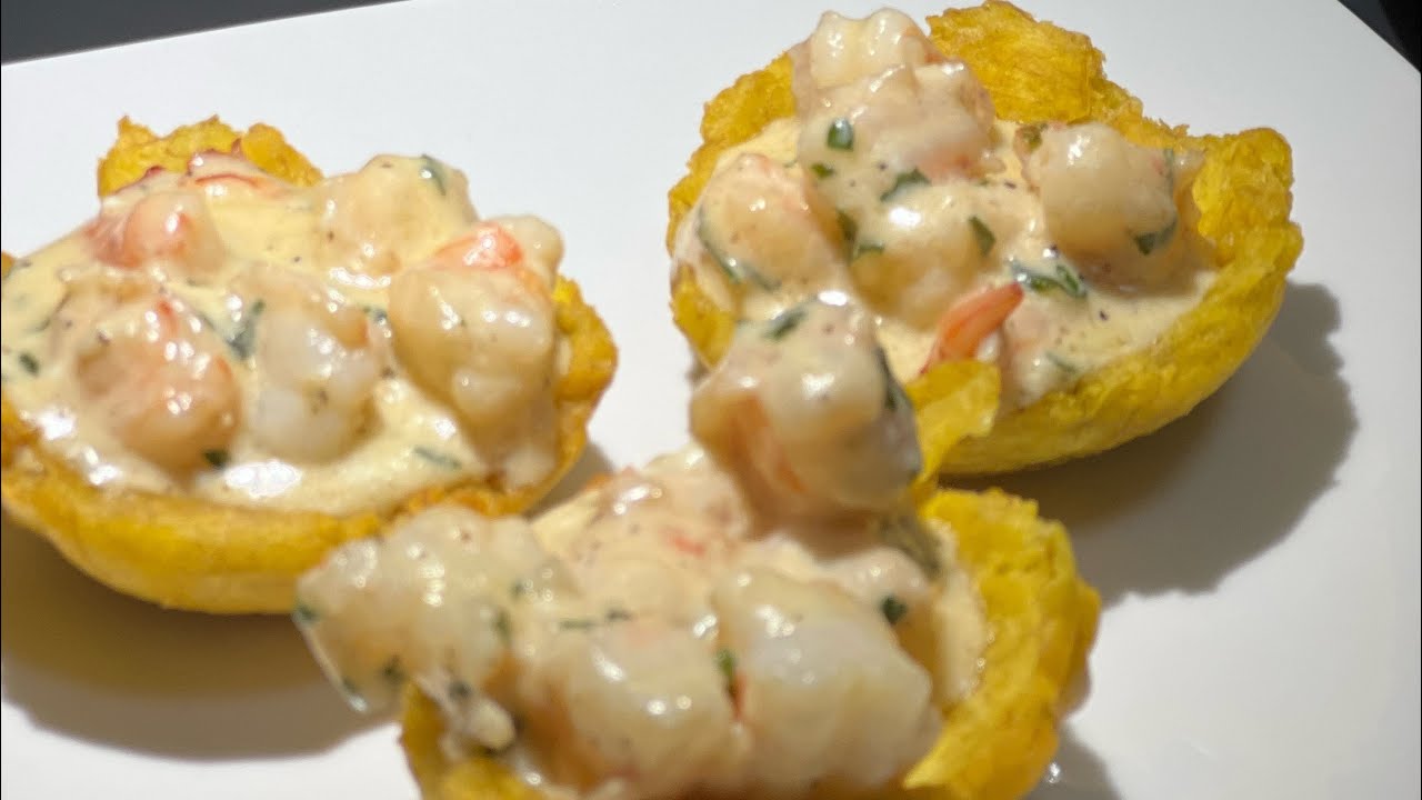 Canastillas de verdes rellena de camarones en salsa blanca 🍤🤤