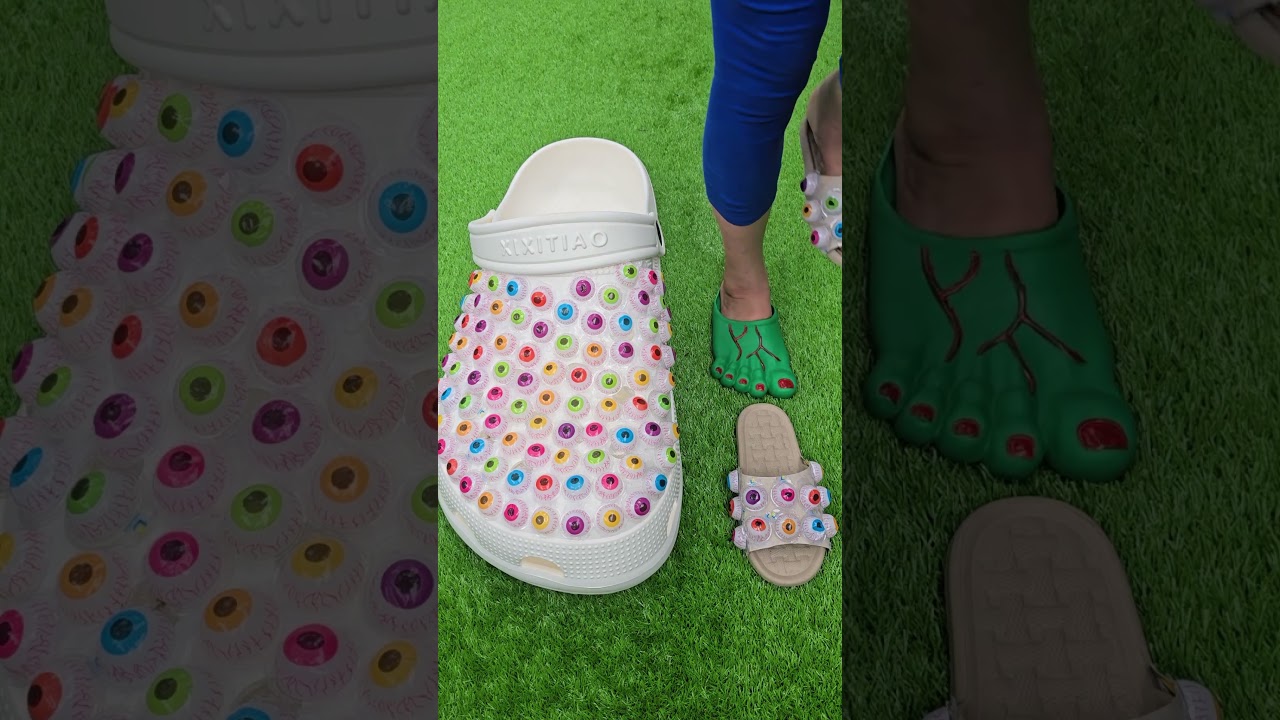 Super cool giant eye slippers 🦶👀🦶 Leather foot sandals  🦵🏻🦵🏻 #love #trending #slippers