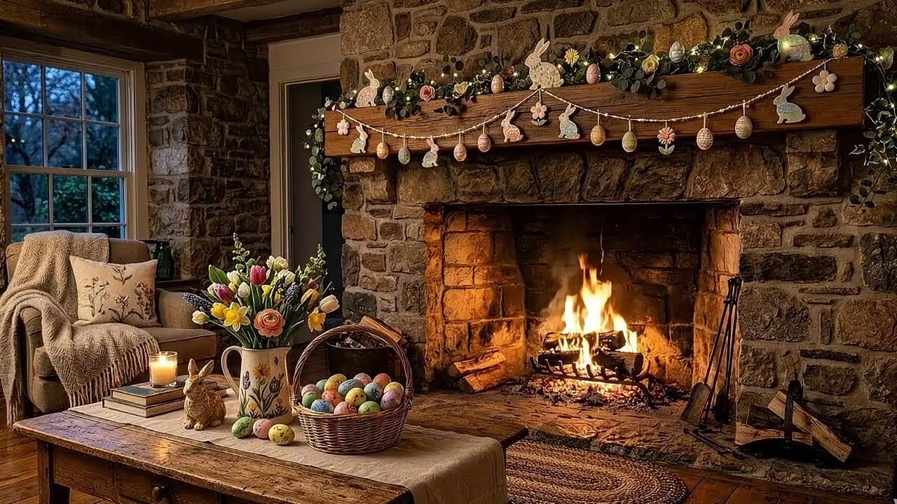 Cozy Easter Fireplace Live | Warm Spring Cabin Ambience 4K