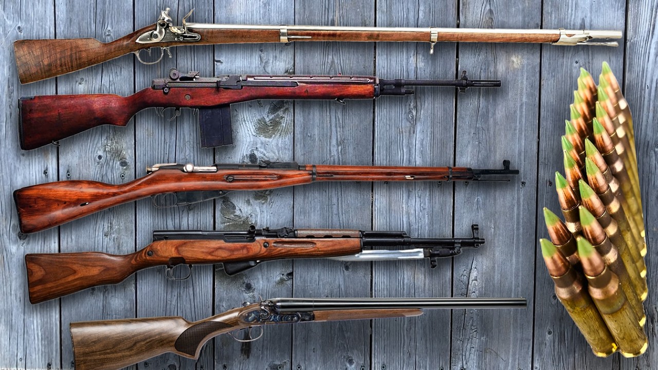 1777 Charleville Musket, Mosin-Nagant 91/30, USSR SKS, Polytech M14, Double Barrel 12 Gauge, M855