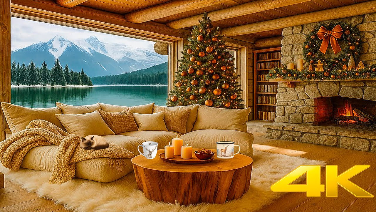 Cozy Cabin Christmas Ambience ❄️ Fireplace & Cat
