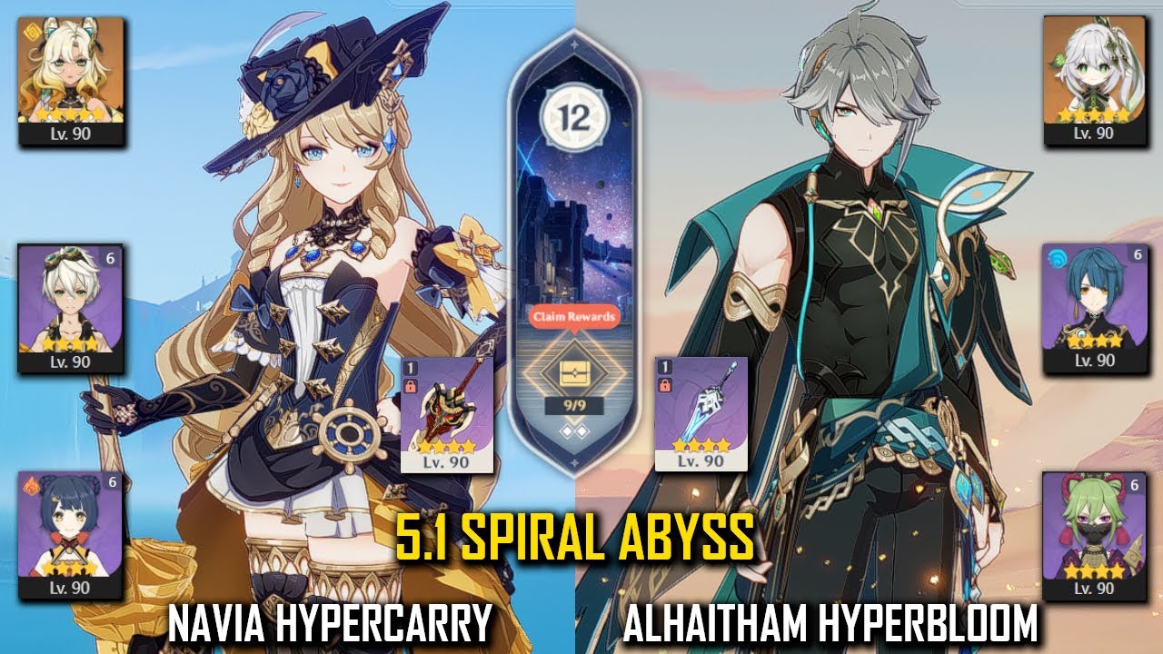 【GI】C0 Navia Hyper and C0 Alhaitham Hyperbloom  - 5.1 Spiral Abyss - Floor 12 - 9 Stars