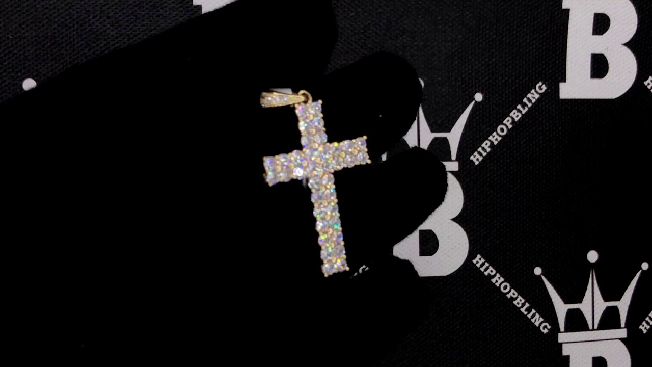 Double Tennis Cross | 10K Yellow Gold CZ Iced Out Pendant | Bling Bling Jewelry