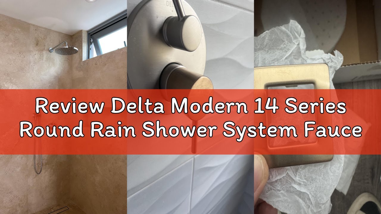 Review Delta Modern 14 Series Round Rain Shower System Faucet Set, Rainfall Brushed Gold Shower Head