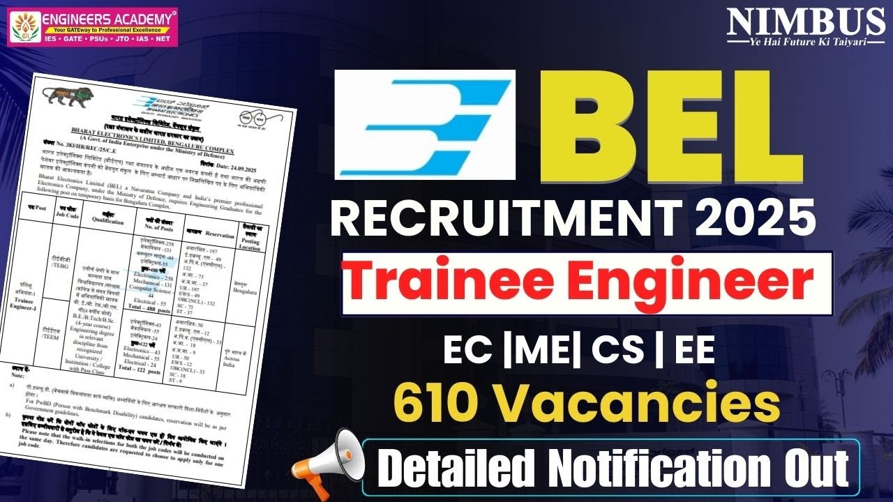 BEL Recruitment 2025 🔔 BEL Trainee Engineer Recruitment 2025 | 610 Posts | Detailed Notification